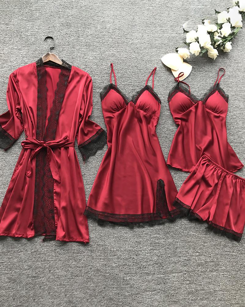 

V-neck Lace Trim Satin 4PCS Sleepwear Set, Wine red