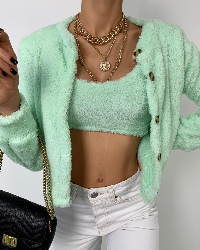 

Warm Fluffy Long Sleeve Coats & Tank Top Sets, Green