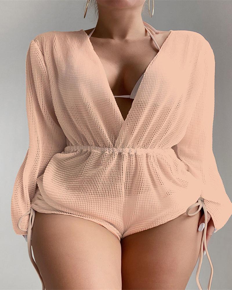 

Long Sleeve Drawstring Cover Up Beach Romper, Pink