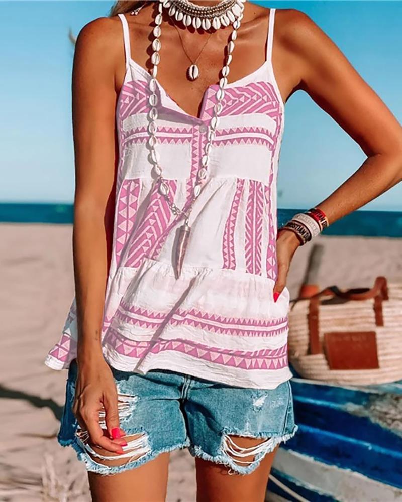 

Spaghetti Strap All Over Print Button Design Top, Pink