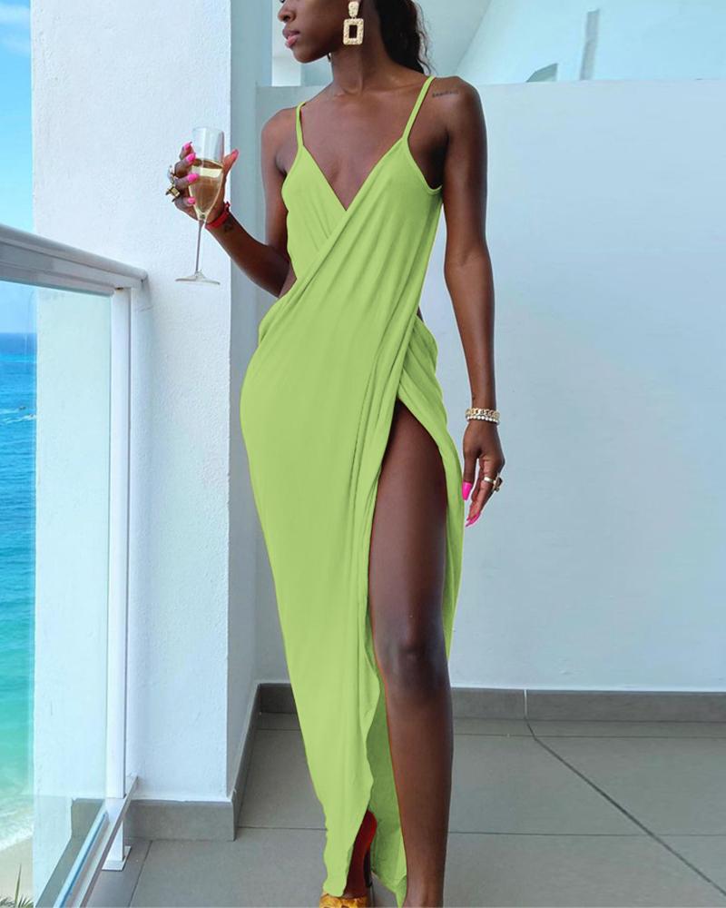

Solid Strap Sleeveless Loose Slit Midi Dress, Green