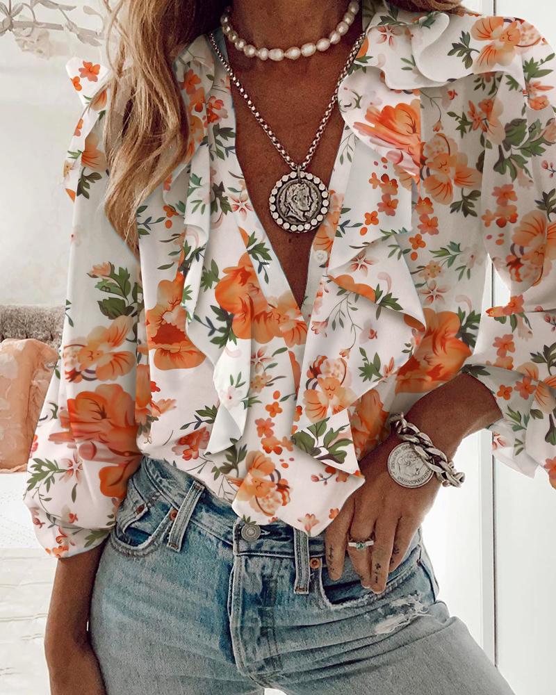 

Ruffles Trim Floral Print Long Sleeve Women Top, Orange