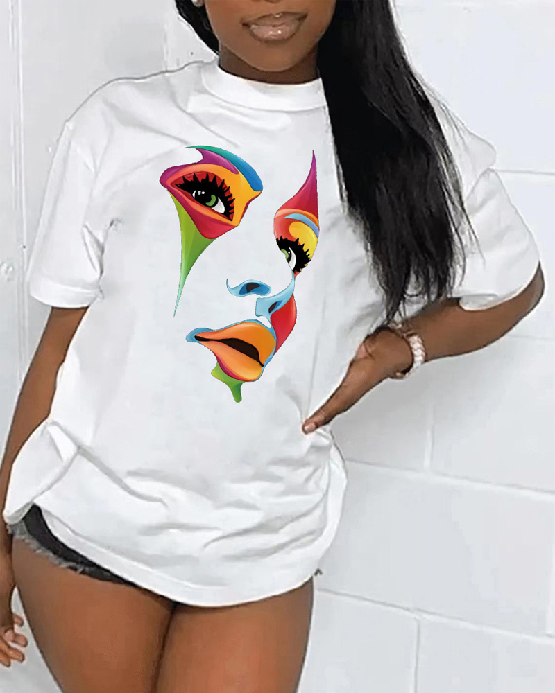 

Abstract Figure Print Short Sleeve Casual T-shirt, White