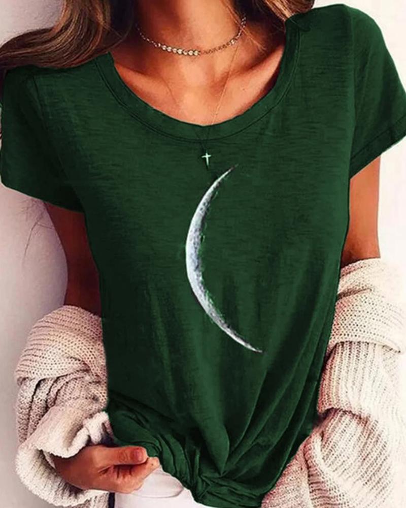 

Moon Print Short Sleeve T-shirt, Green