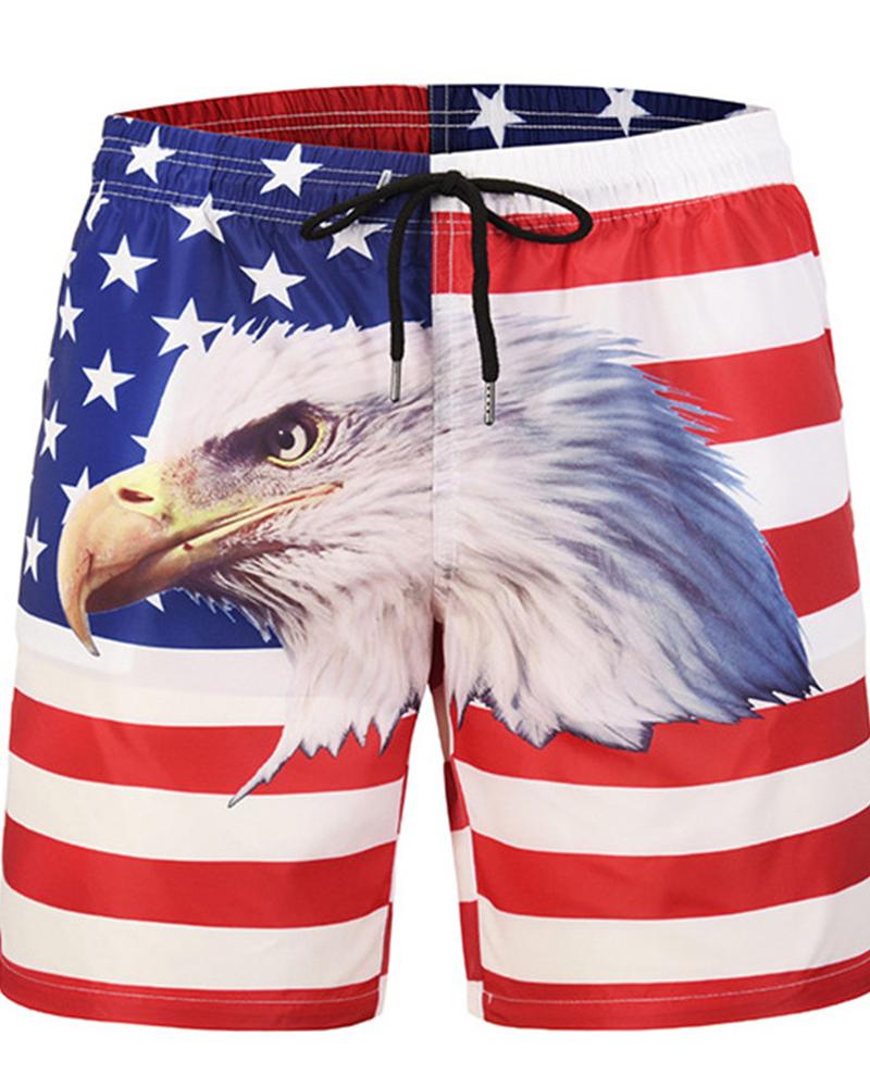 

National Flag Eagle Print Drawstring Short Pants, Multicolor