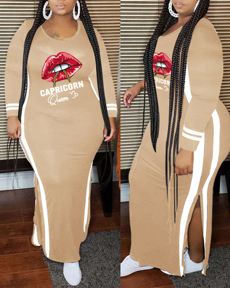 

Plus Size Lip Letter Print Split Hem Long Sleeve Dress, Khaki