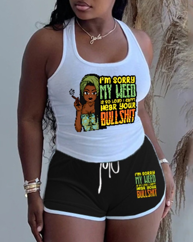 

Graphic Letter Print Sleeveless Top & Shorts Set, White