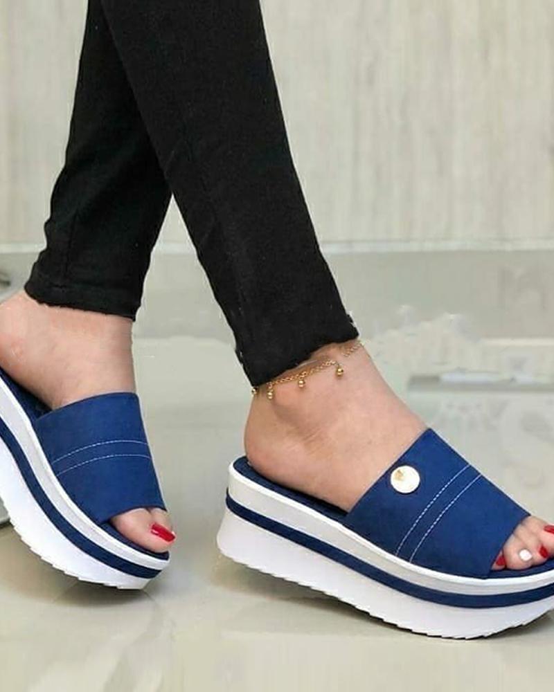 

Solid Upper Peep-toe Platform Wedge Sandals, Blue