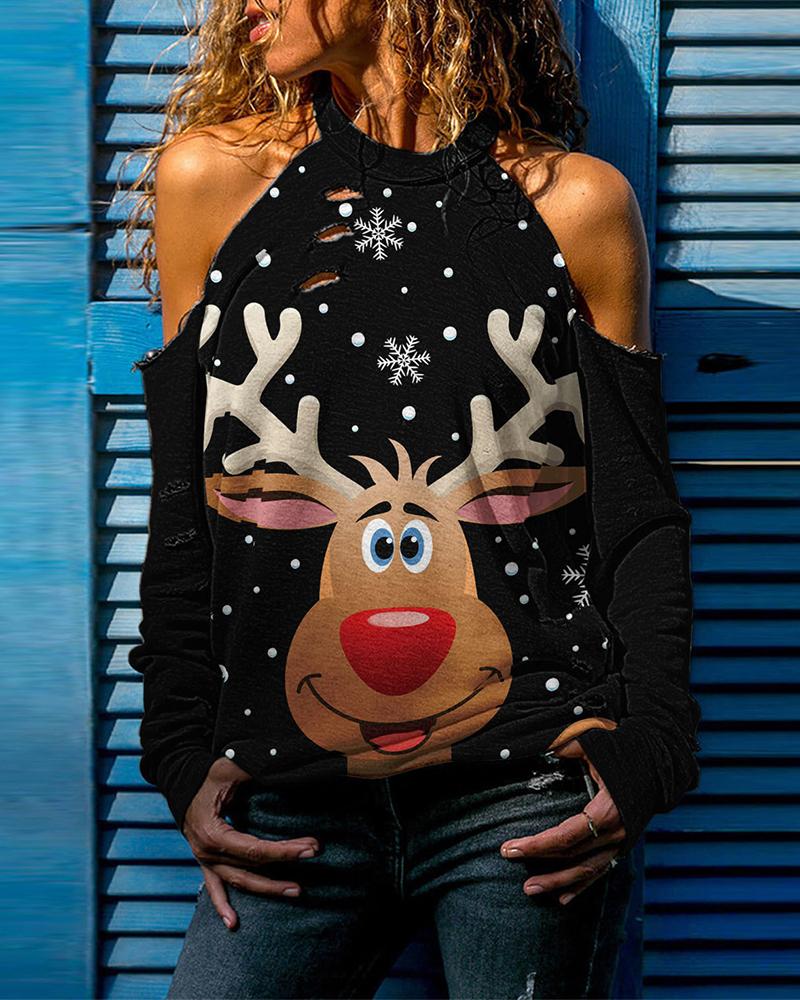 

Christmas Print Cold Shoulder Cutout Top, Style1