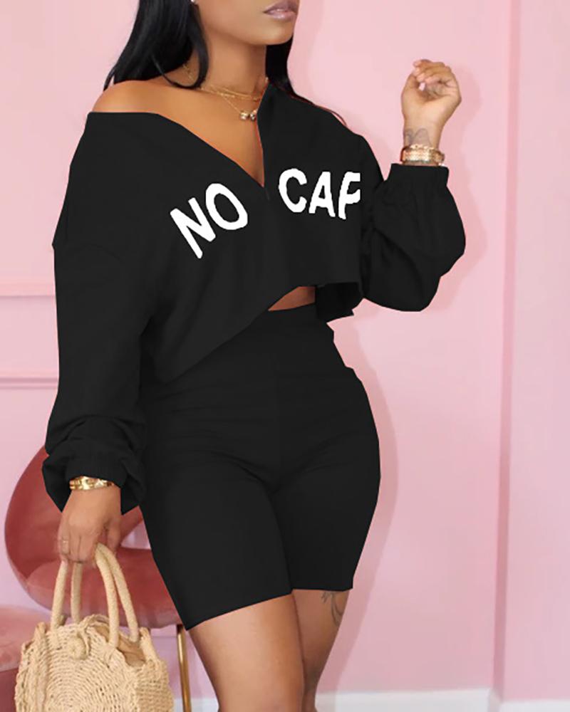 

Letter Print Long Sleeve Crop Top & Shorts Set, Black