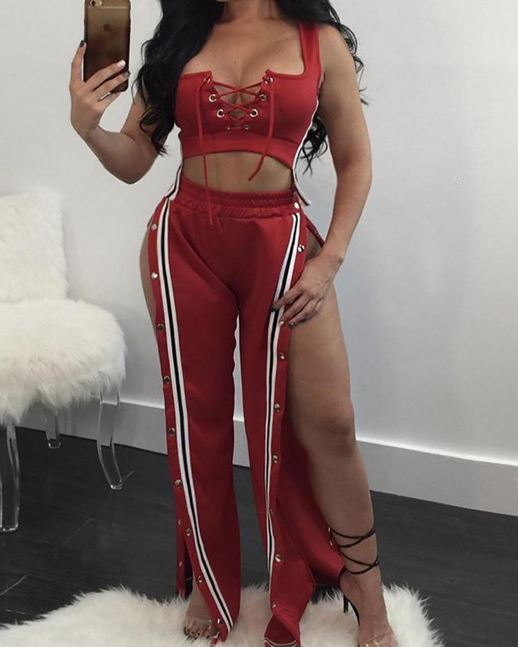 

Striped Lace-Up Eyelet Top&Snap Button Side Pants Set, Wine red
