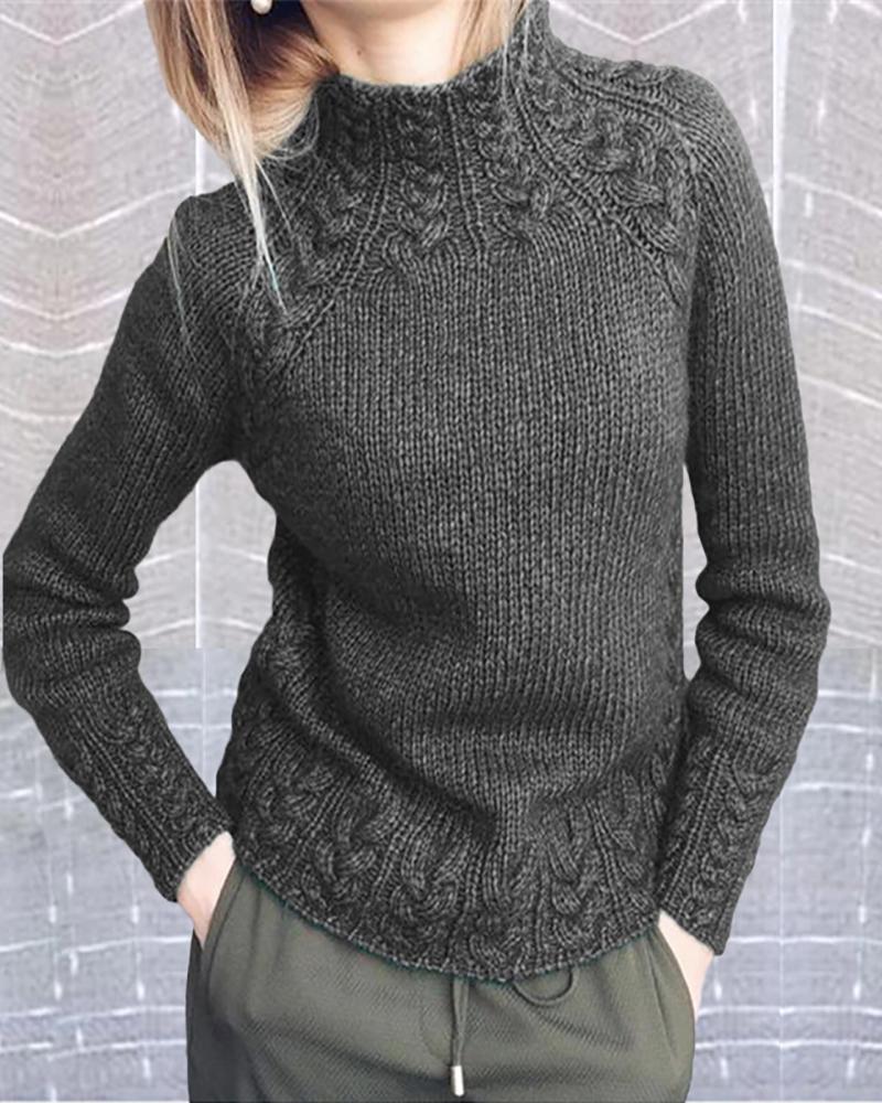 

Long Sleeve Mock Neck Casual Braided Sweater, Gray