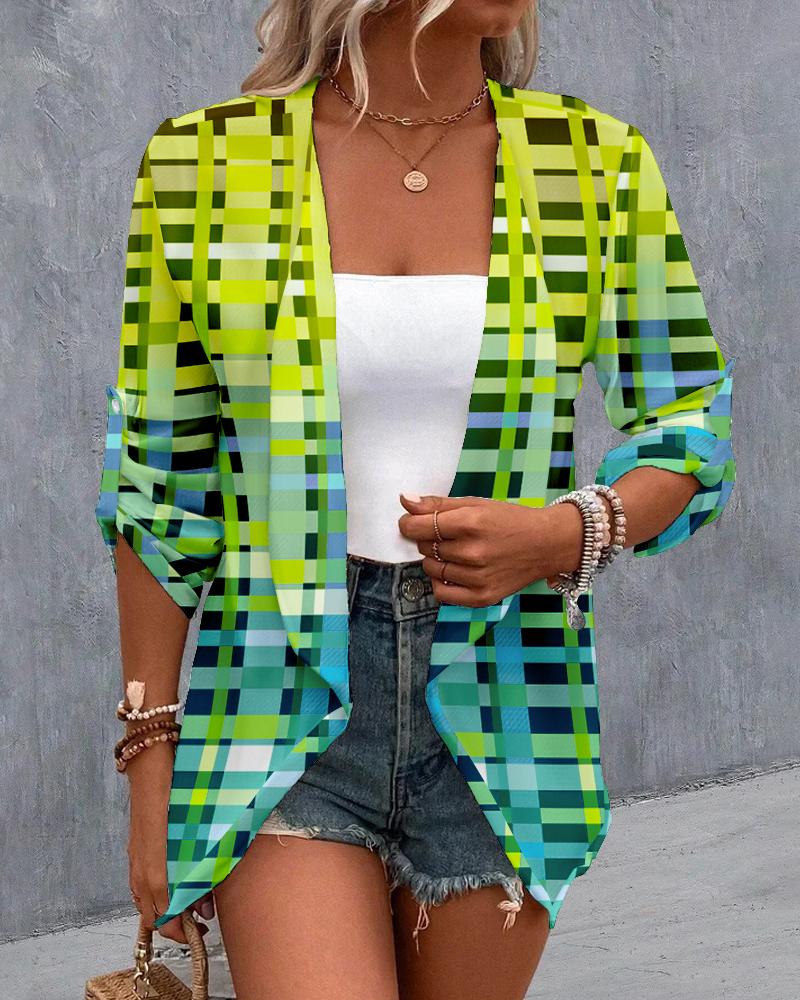 

Plaid Print Roll Up Sleeve Open Front Buttoned Coat, Green