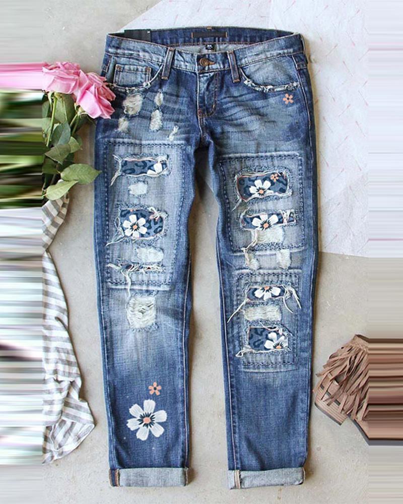 

Valentine' Day Contrast Floral Print Ripped Jeans, Blue