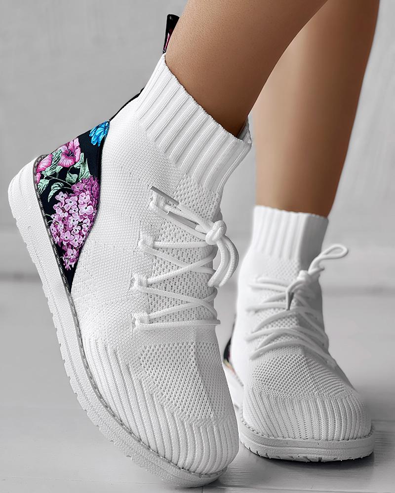 

Floral Print Patchwork Bootie Sneakers Lace-up Ankle Boots, White
