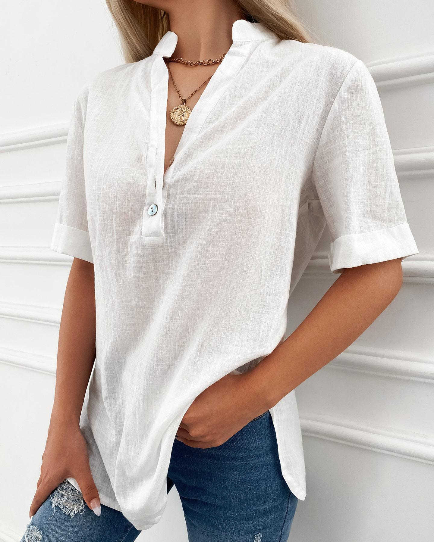 

Button Decor Half Sleeve Basic Top, White