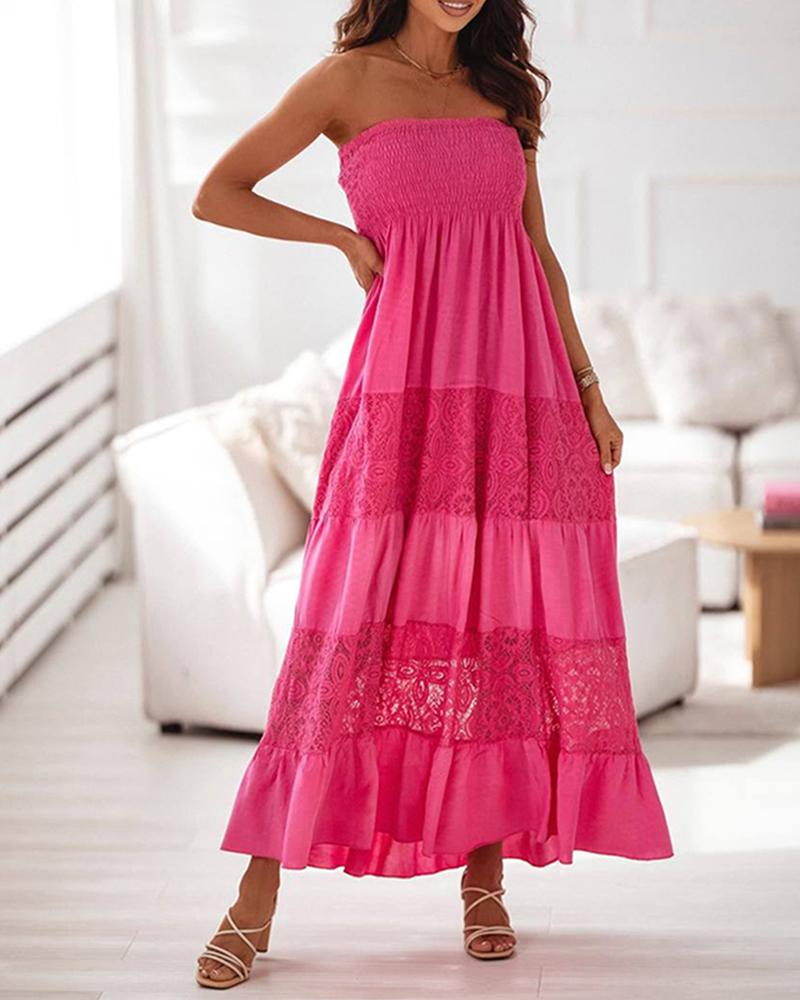 

Lace Patch Bandeau Shirred Maxi Dress, Hot pink