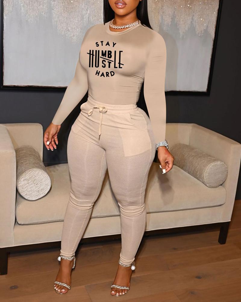 

Letter Print Long Sleeve Top & Drawstring Pants Set, Khaki
