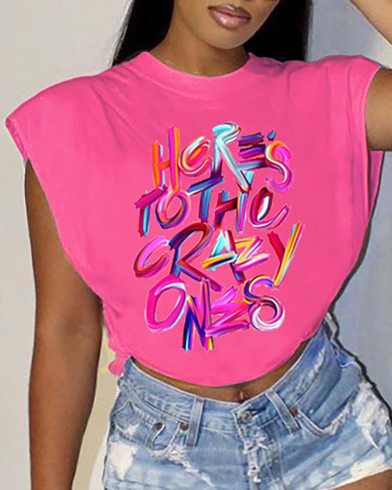 

Letter Print Cap Sleeve T-shirt, Hot pink