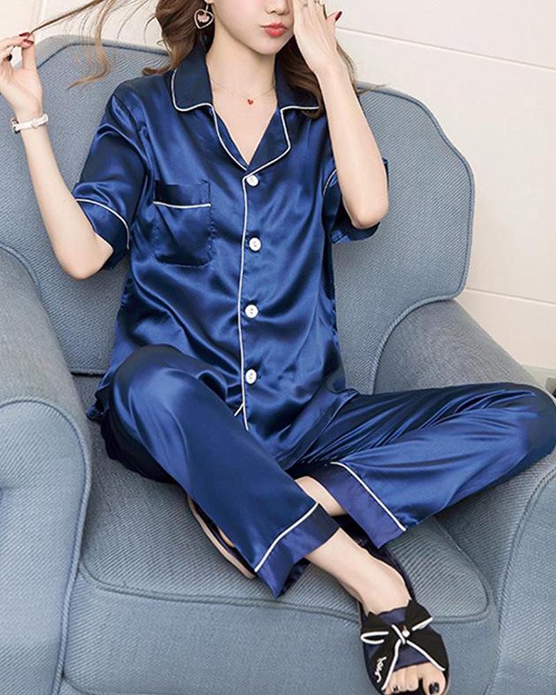 

Satin Short Sleeve Pajama Set, Blue