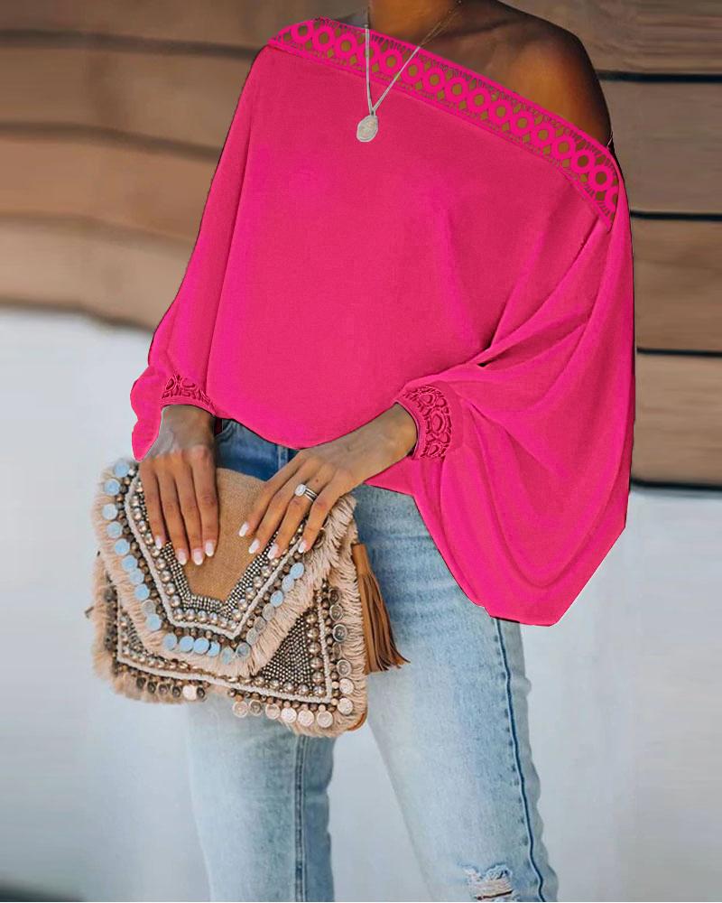 

Contrast Lace Lantern Sleeve Top, Hot pink
