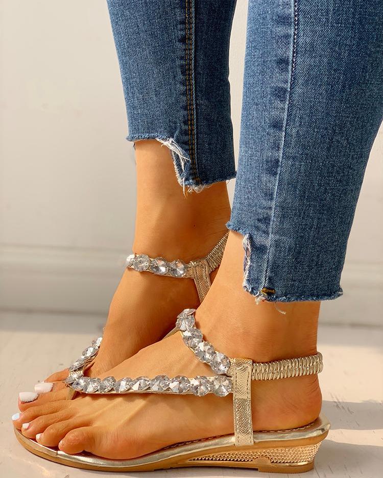 

Stud Detail Slingback Thong Sandals, Gold