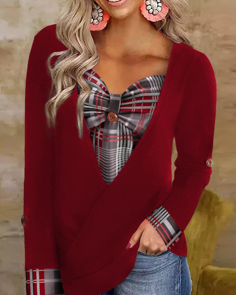 

Contrast Plaid Fake Two-Piece Long Sleeve Top, Red