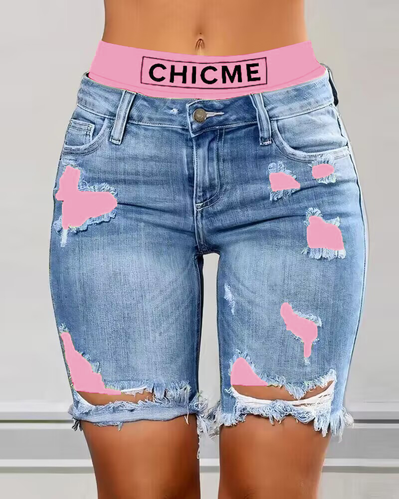 

2-In-1 Denim Shorts Colorblock Print Ripped Shorts /w Workout Running Shorts, Pink