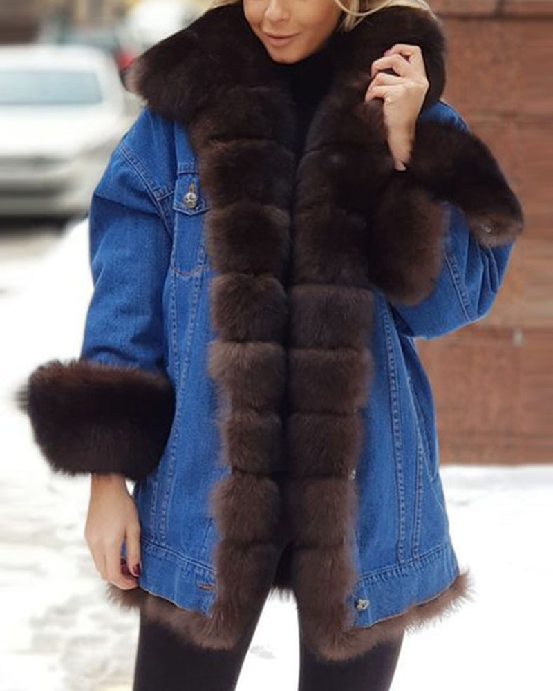 

Long Sleeve Button Front Fuzzy Trim Denim Coat, Coffee