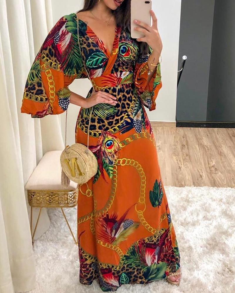 

Cheetah / Chain / Peacock Print Maxi Dress, Dark yellow