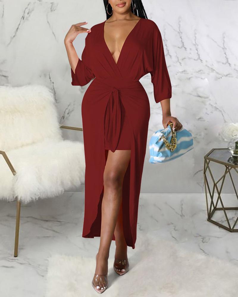 

V-Neck Tied Detail Asymmetrical Casual Dress, Wine red
