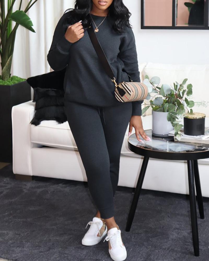 

Pocket Design Long Sleeve Sweatshirt & Drawstring Pants Set, Black