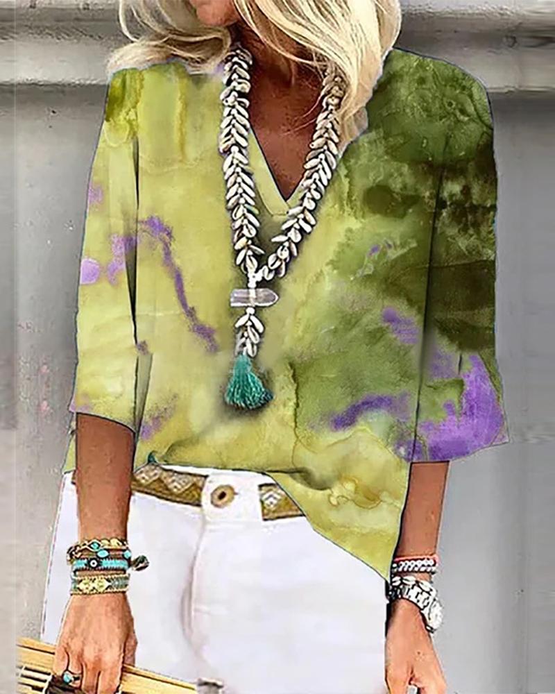 

Marble Print V-Neck Casual Top, Yellow