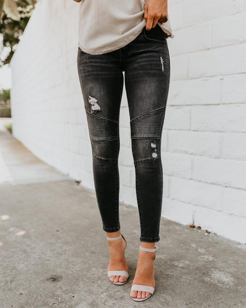 

Zipper Fly Ruched Ripped Raw Hem Skinny Jeans, Black