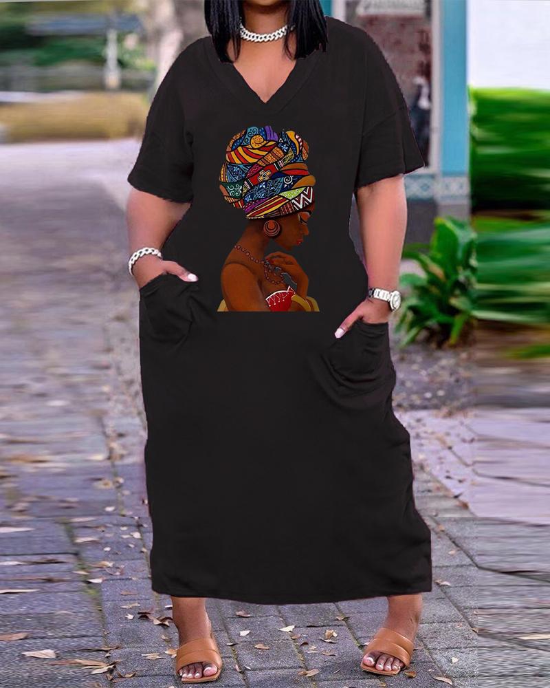 

Plus Size Figure Print Pocket Detail Casual Dress, Black