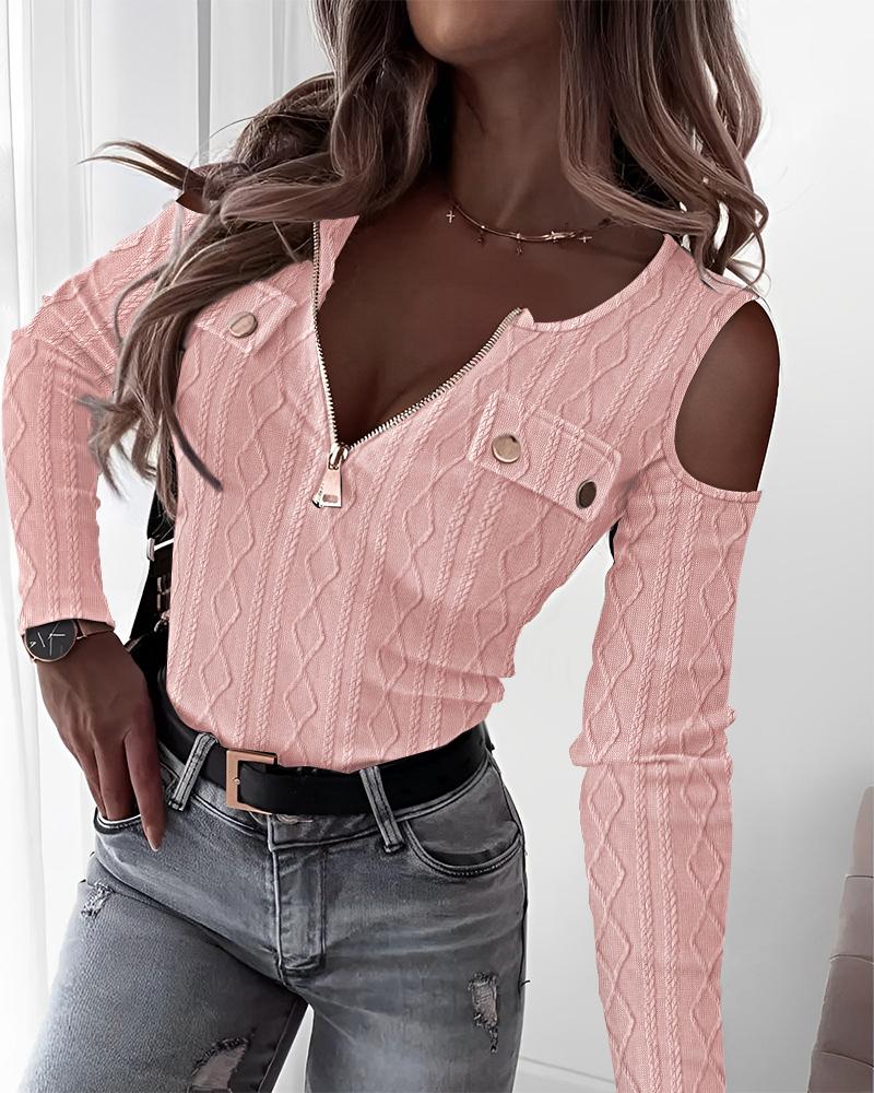 

Long Sleeve Zipper Design Cable Textured Top, Pink