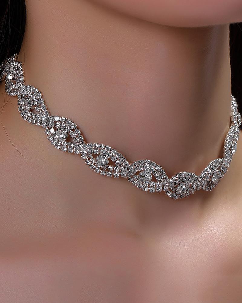 

1pc Rhinestone Twisted Hollow Out Evening Choker, Silver