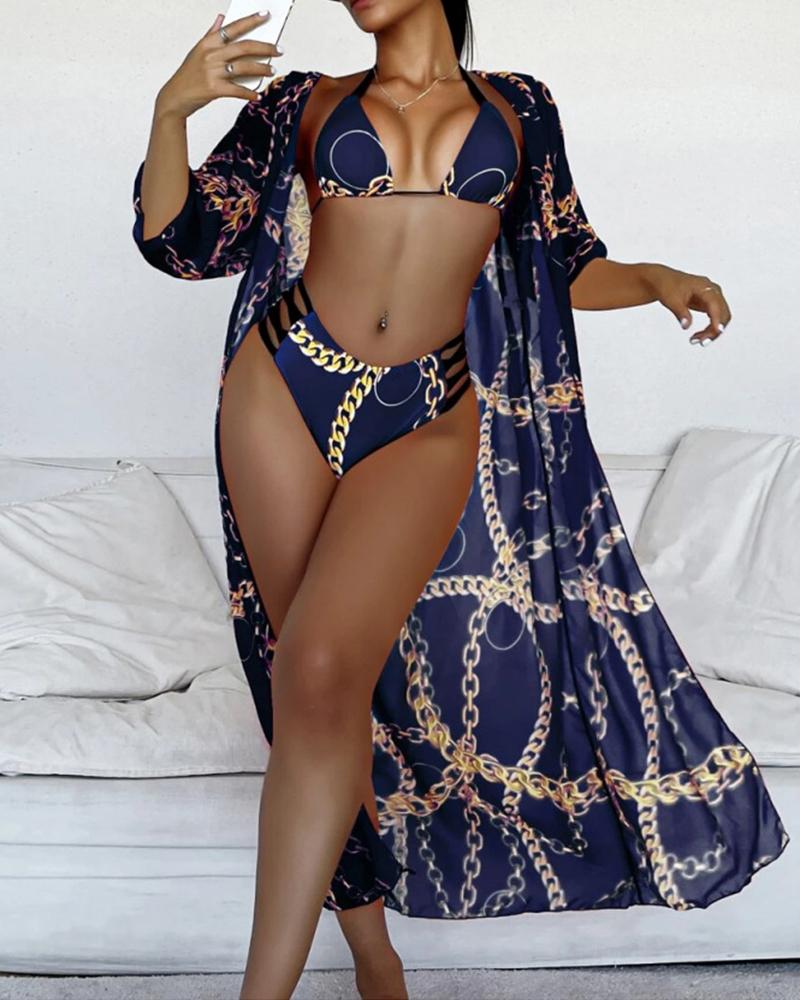 

3PCS Chain Print Cutout Halter Bikini Set With Cover Up, Purplish blue