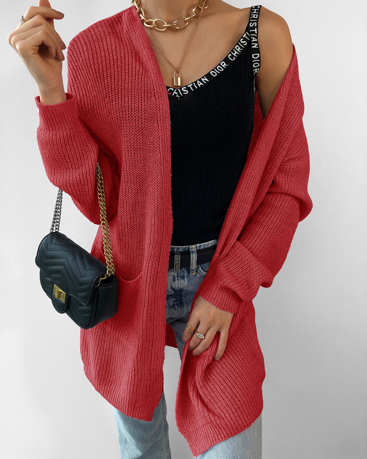 

Solid Long Sleeve Bubble Sleeve Loose Cardigans, Red