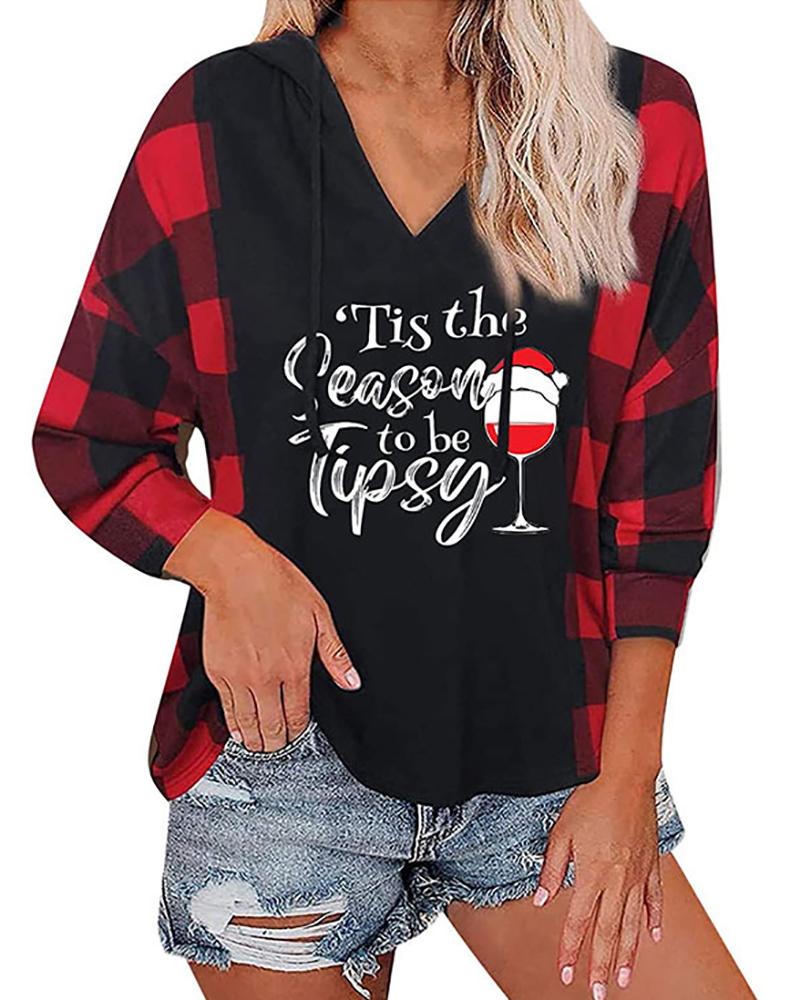 

Christmas Graphic Letter Plaid Print Hooded Top, Red