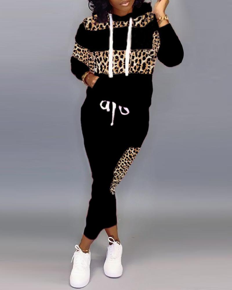 

Hooded Colorblock Leopard Drawstring Sweatshirt & Pants Sets, Black