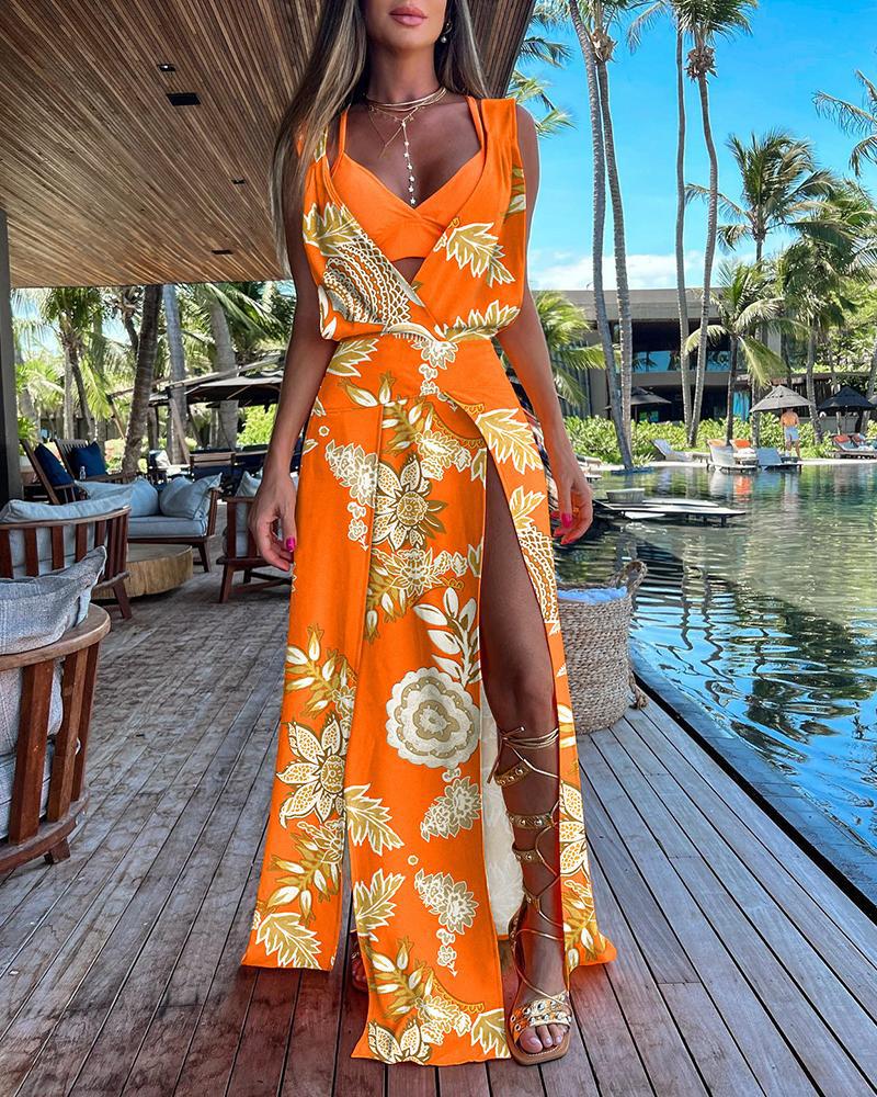 

Floral Print Sleeveless High Slit Maxi Dress With Bra Top, Orange