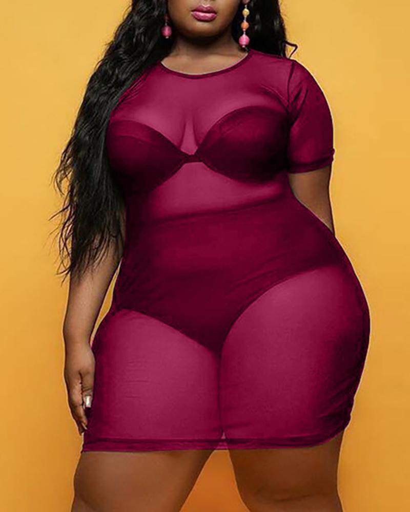 

Plus Size Sheer Mesh Short Sleeve Bodycon Dress Without Lining, Hot pink