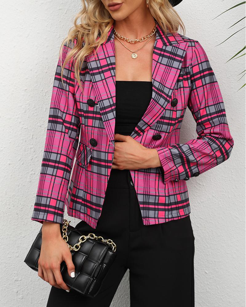

Plaid Print Fake Pocket Button Design Long Sleeve Blazer Coat, Red