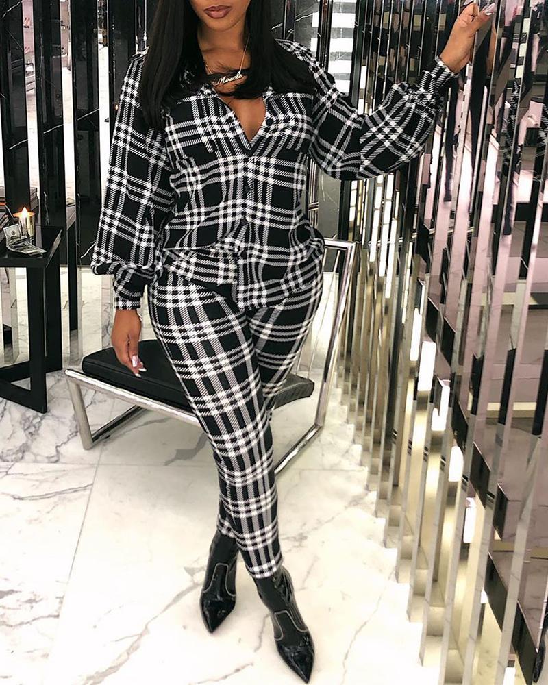 

Big Checked Long Bloomer Sleeve Blouse With Pant Suit Set, Black