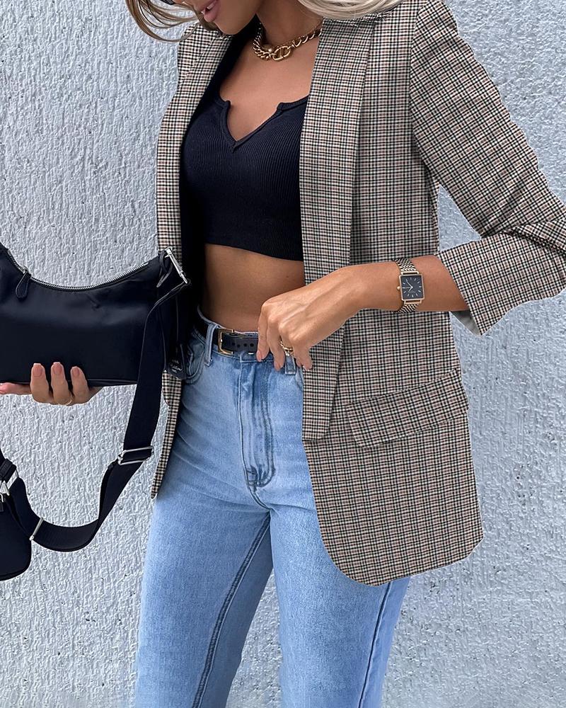

Long Sleeve Plaid Print Blazer Coat, Gray