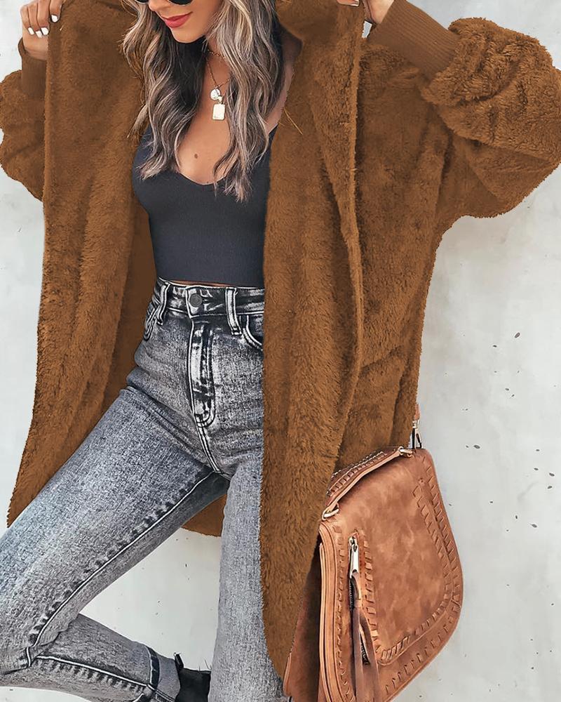 

Long Sleeve Fleece Hooded Coat, Brown