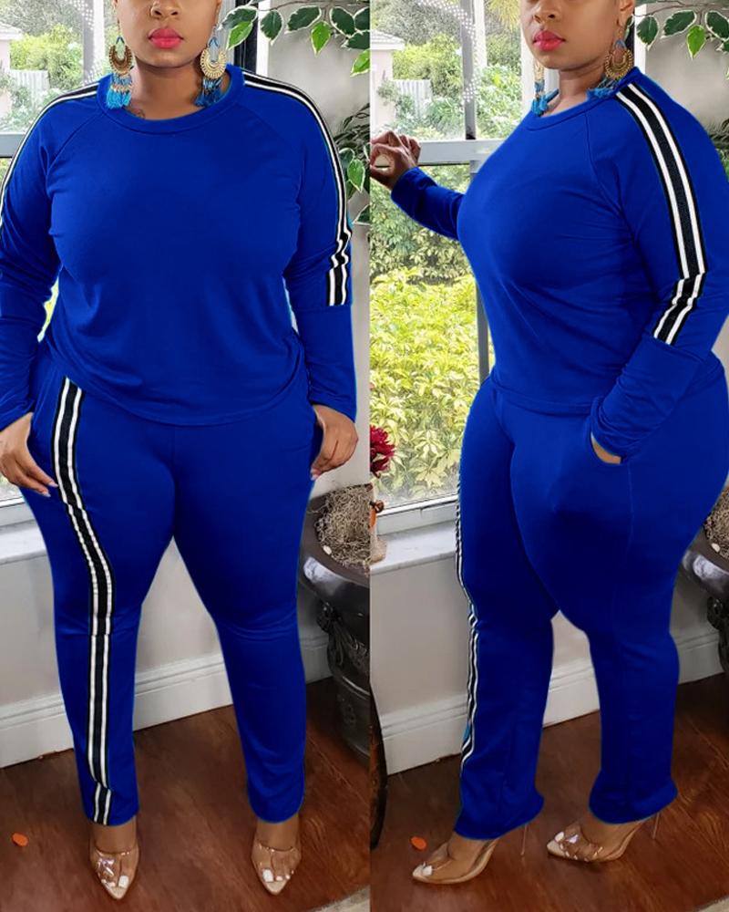 

Plus Size Contrast Paneled Long Sleeve Top & Pants Set, Blue