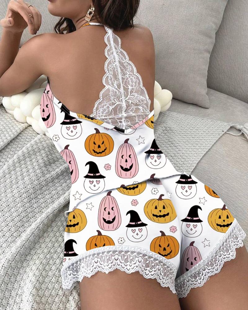 

Halloween Pumpkin Graphic Print Lace Patch Cami Set, White