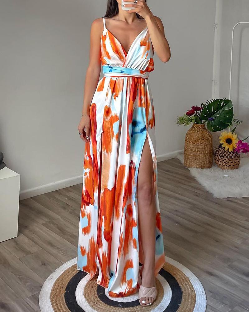 

Tie Dye Print High Slit Ruched Maxi Dress, Orange